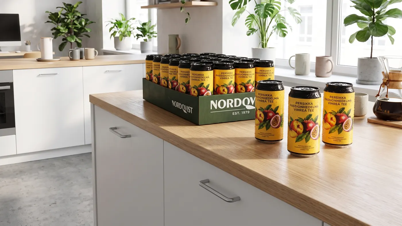 Kupliva 24 tölkin laatikko toimiston keittiössä