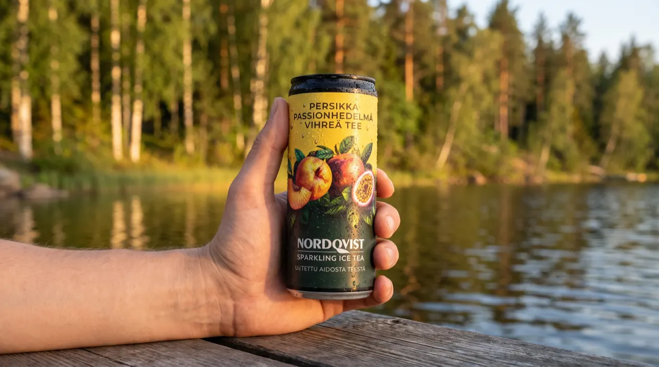 Käsi pitelee Kupliva-tölkkiä järven rannalla kesäillassa