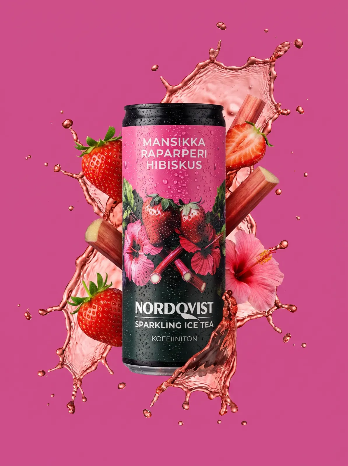 Mansikka-Raparperi tölkki roiskeessa mansikoiden, raparperin ja hibiskuksen kanssa